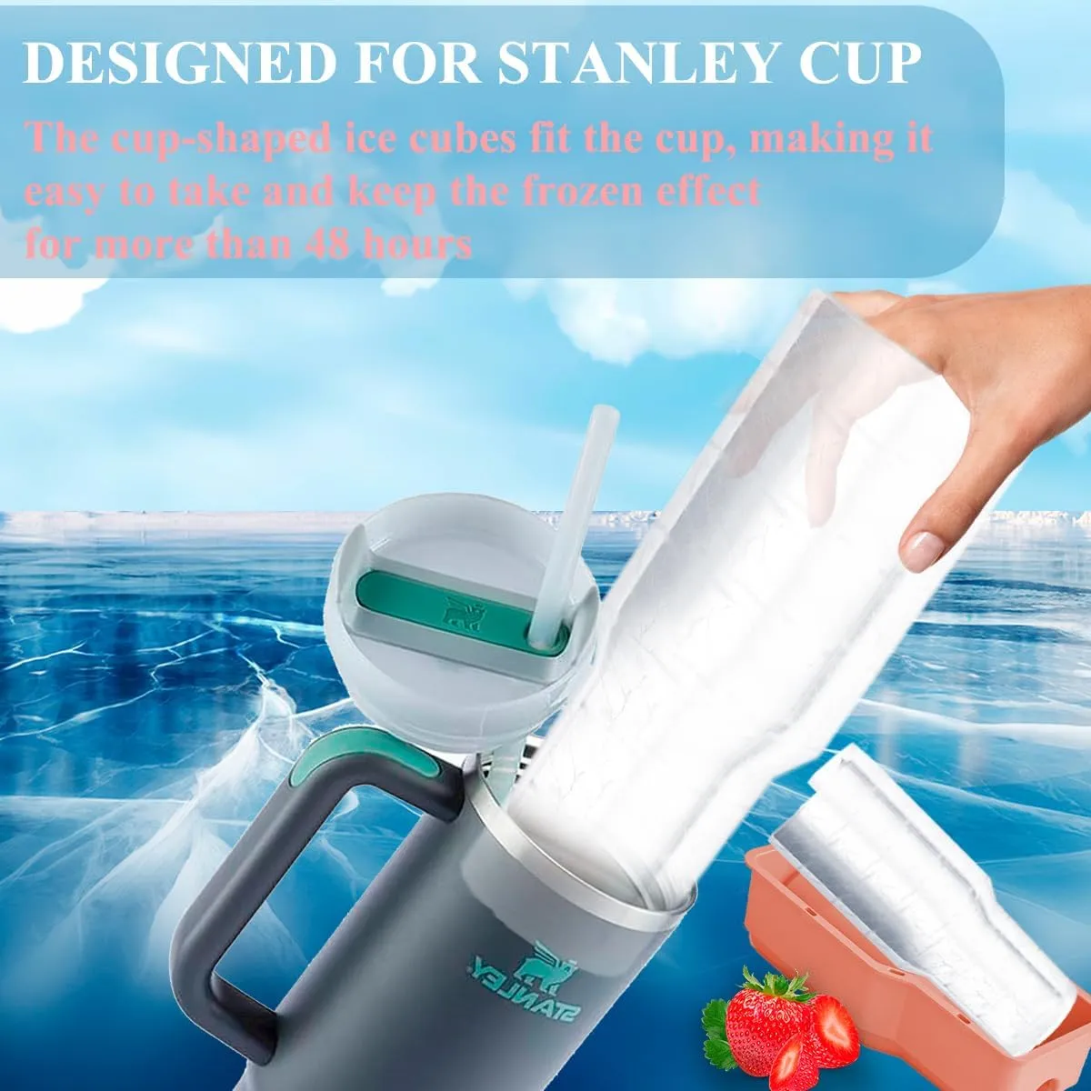 Ice Cube Tray for 40 oz Tumbler Cup, 1Pcs Stanley Ice Mold Silicone Hollow Cylinder Ice Mold with Lid and Bin for Freezer Ice Drink Juice Whiskey Cocktail