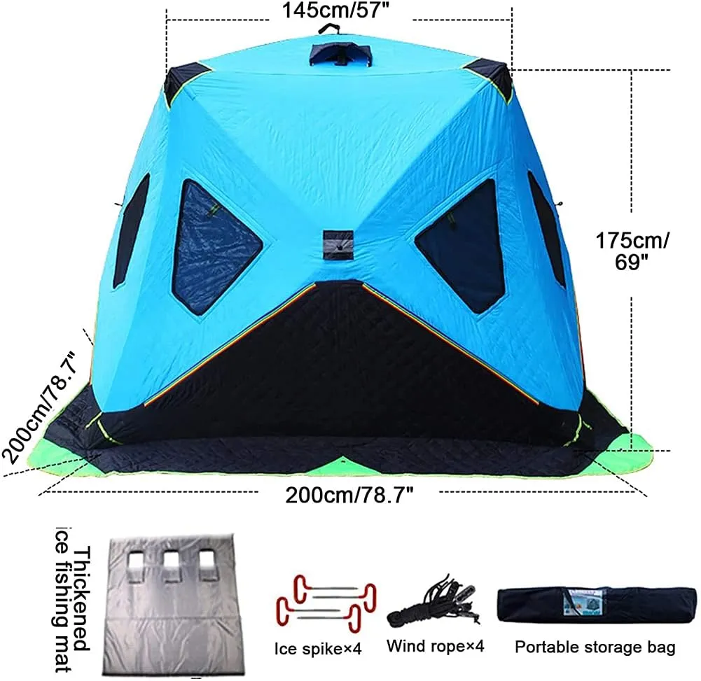 Ice Fishing Shelter Thicken Cotton Fishing Tent 3-4 Person Portable Ice Tent with Detachable Windows, Zippered Door & Carry Bag for Outdoor Camping
