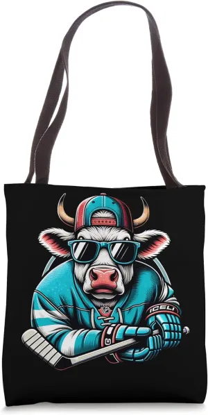 Ice Hockey Cow with Shades Attitude Tote Bag
