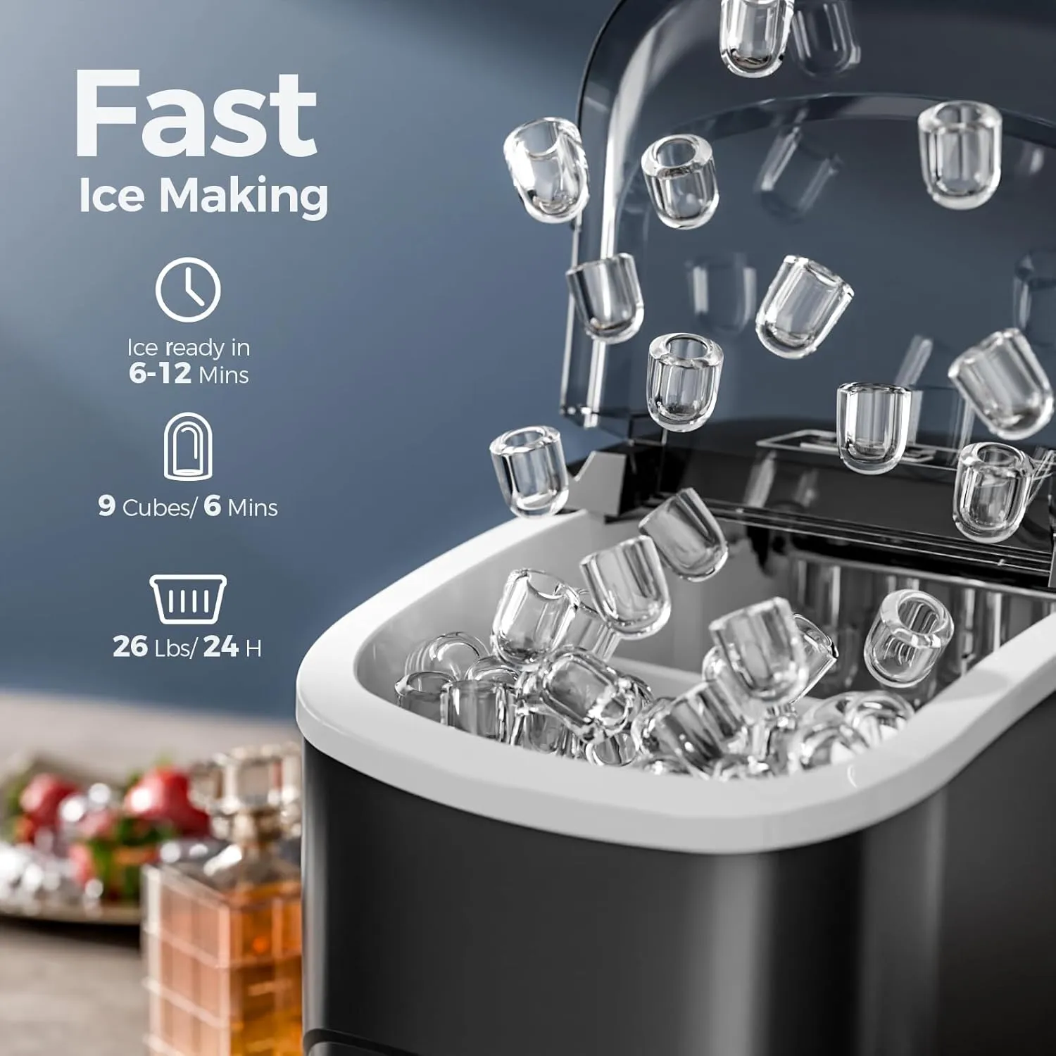 Ice Makers Countertop,26Lbs/24H,9 Cubes in 6 Mins,Portable Ice Maker Machine with Self-Cleaning,2 Sizes of Bullet Ice,Perfect for Home Kitchen(Black)