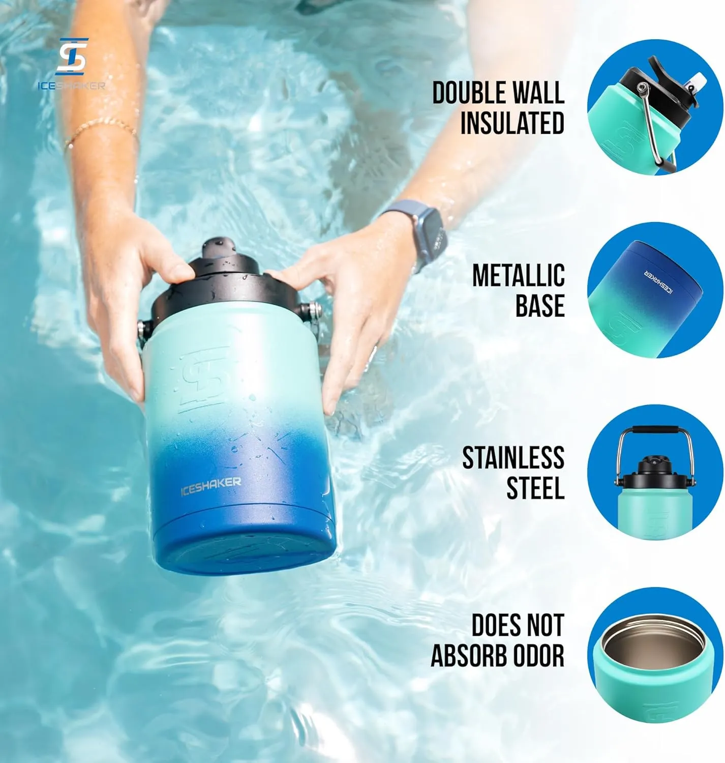 Ice Shaker Insulated Stainless Steel Gallon Water Jug | 128 Oz, Navy and Mint | Stays Cold for 60  Hours | Multi-purpose lid | Odor-Free Outdoor Water Jug for Sports, Camping, Hiking, Working Out