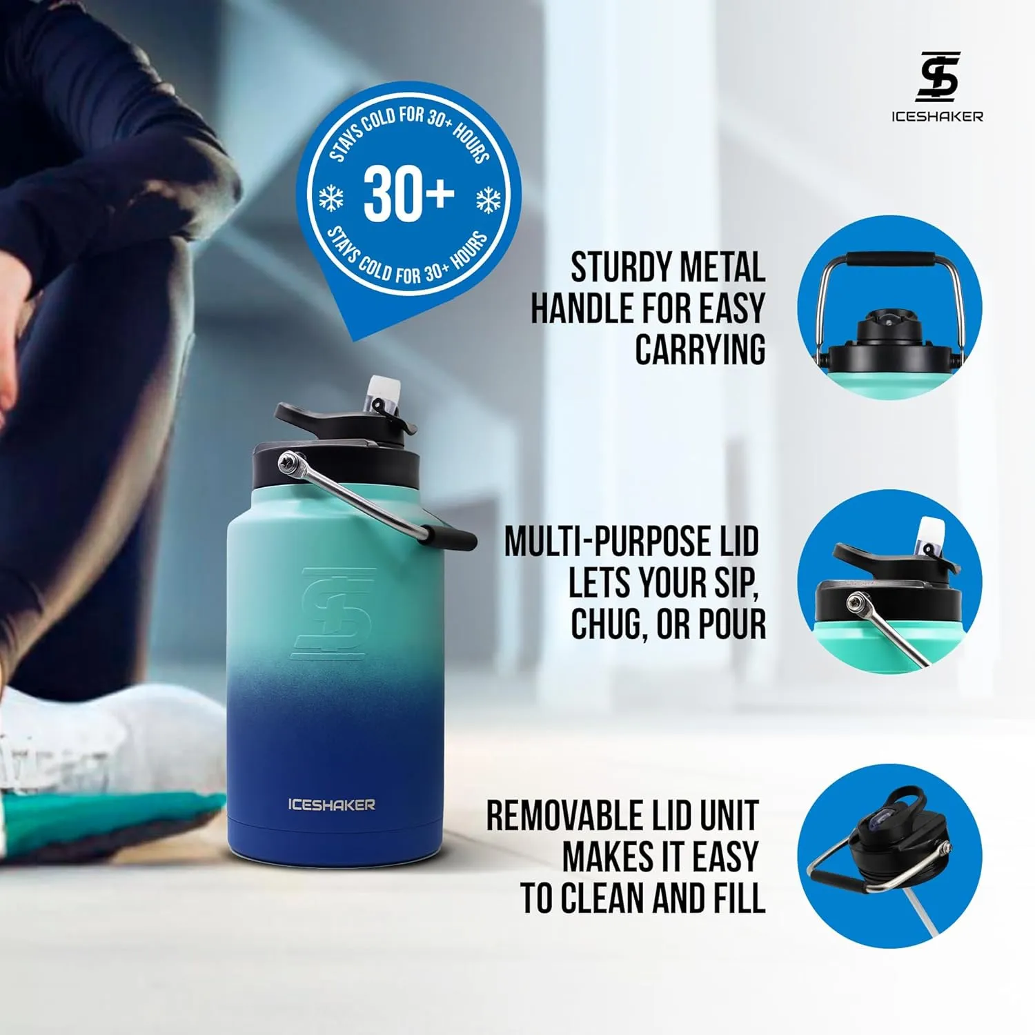Ice Shaker Insulated Stainless Steel Gallon Water Jug | 128 Oz, Navy and Mint | Stays Cold for 60  Hours | Multi-purpose lid | Odor-Free Outdoor Water Jug for Sports, Camping, Hiking, Working Out