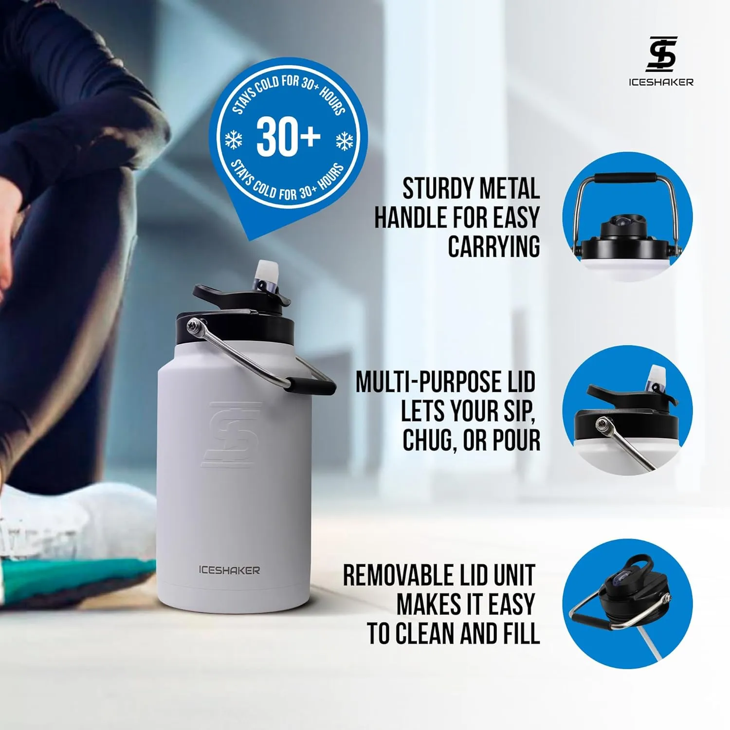 Ice Shaker Insulated Stainless Steel Gallon Water Jug | 128 Oz, White | Stays Cold for 60  Hours | Multi-purpose lid | Odor-Free Outdoor Water Jug for Sports, Camping, Hiking, Working Out