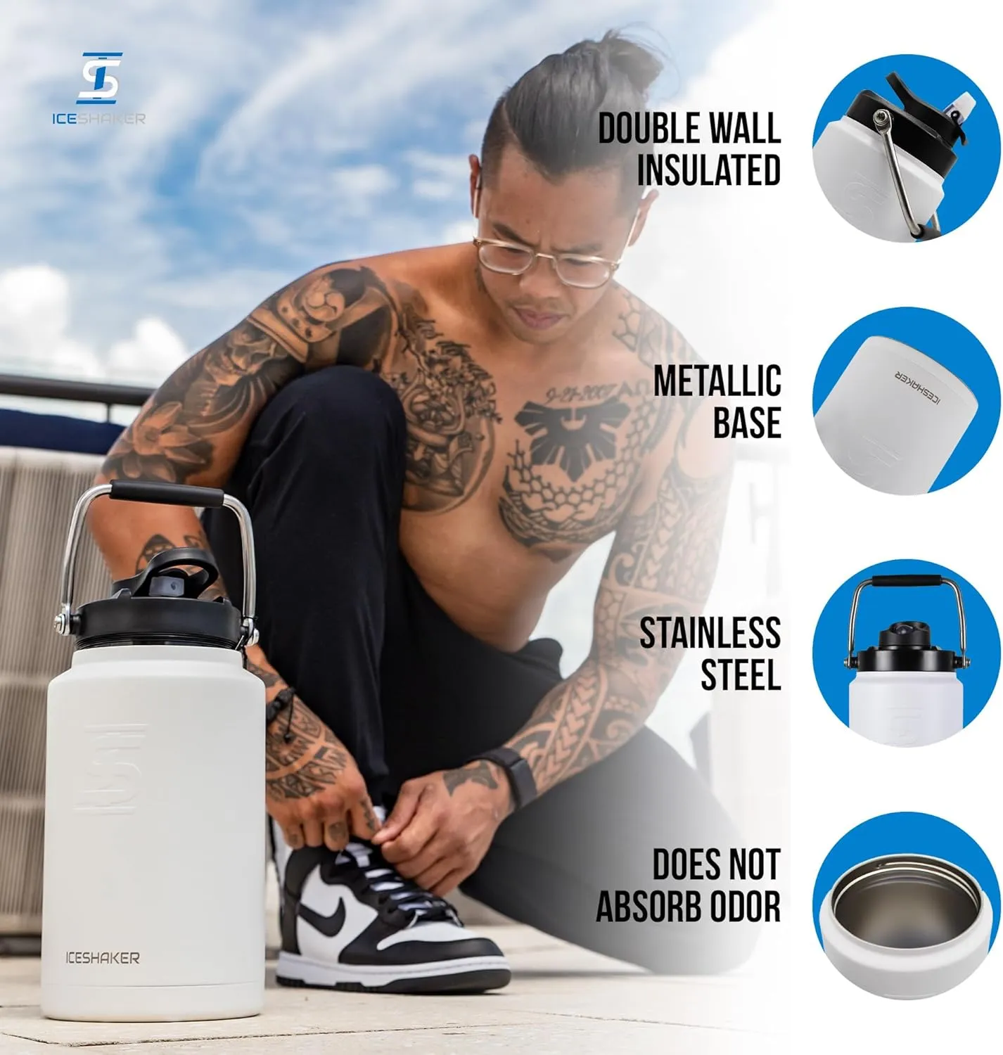 Ice Shaker Insulated Stainless Steel Gallon Water Jug | 128 Oz, White | Stays Cold for 60  Hours | Multi-purpose lid | Odor-Free Outdoor Water Jug for Sports, Camping, Hiking, Working Out