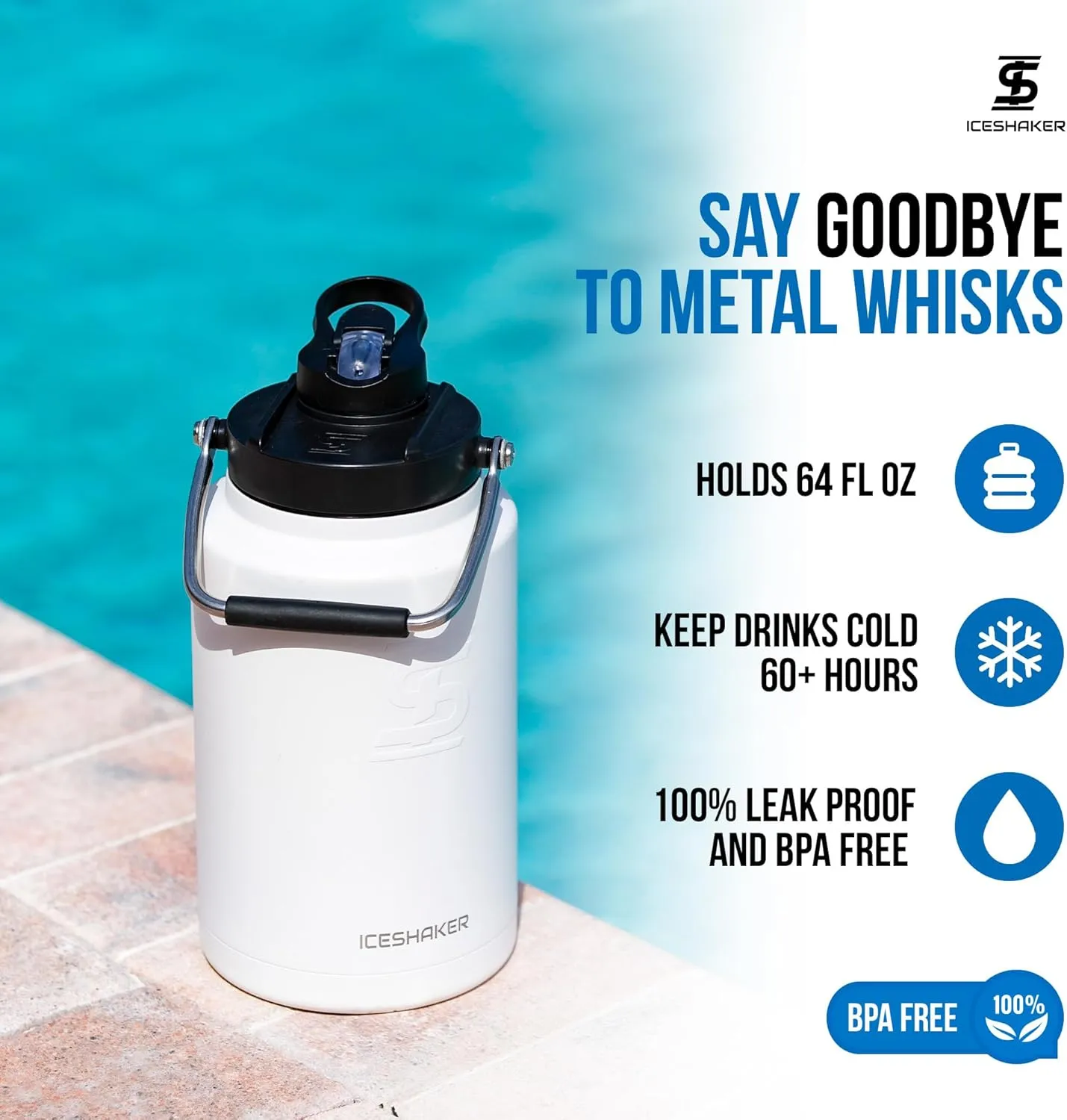 Ice Shaker Insulated Stainless Steel Gallon Water Jug | 128 Oz, White | Stays Cold for 60  Hours | Multi-purpose lid | Odor-Free Outdoor Water Jug for Sports, Camping, Hiking, Working Out