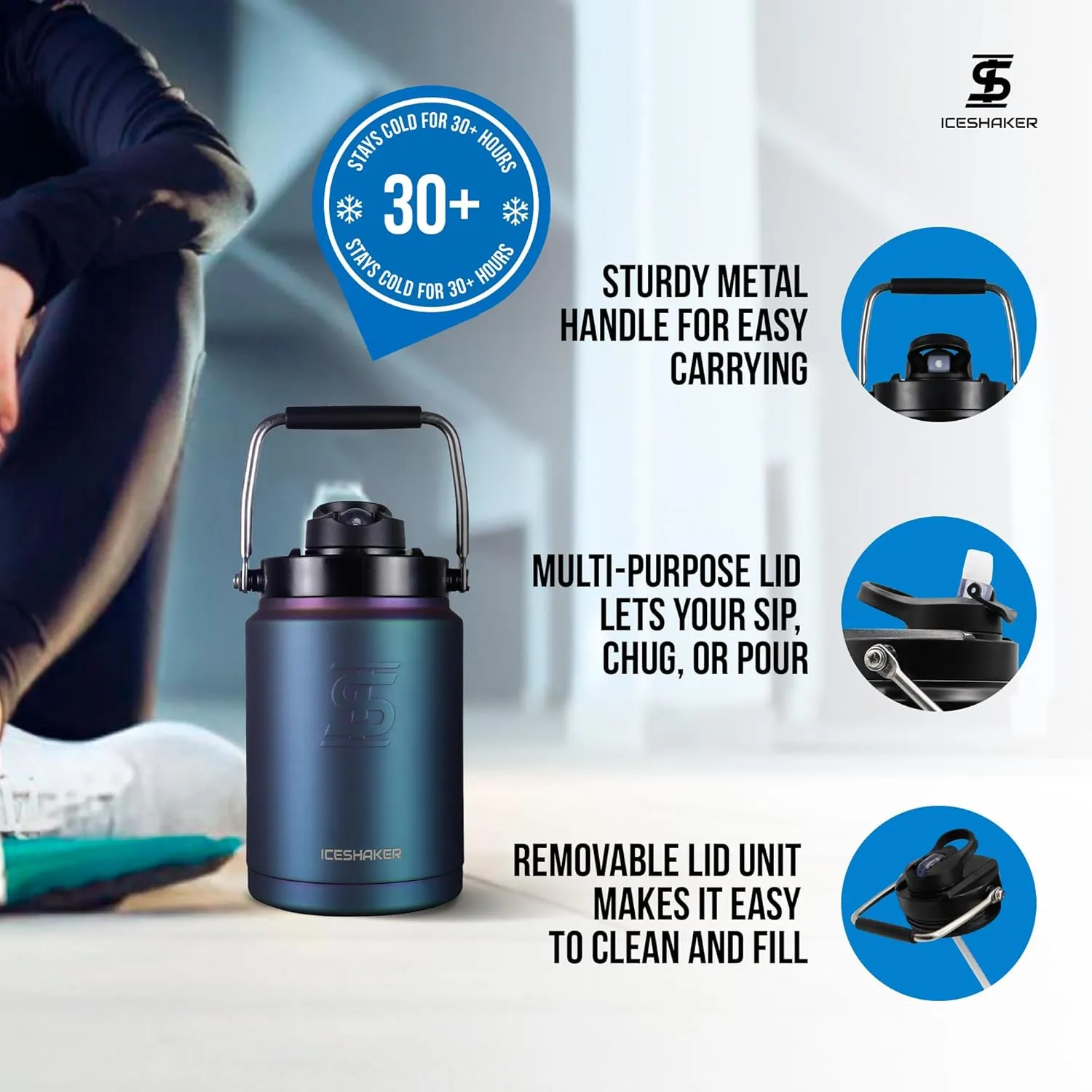 Ice Shaker Insulated Stainless Steel Half Gallon Water Jug | 64 oz, Wisteria | Stays Cold for 60  Hours | Multi-purpose lid | Odor-Free Outdoor Water Jug for Sports, Camping, Hiking, Working Out