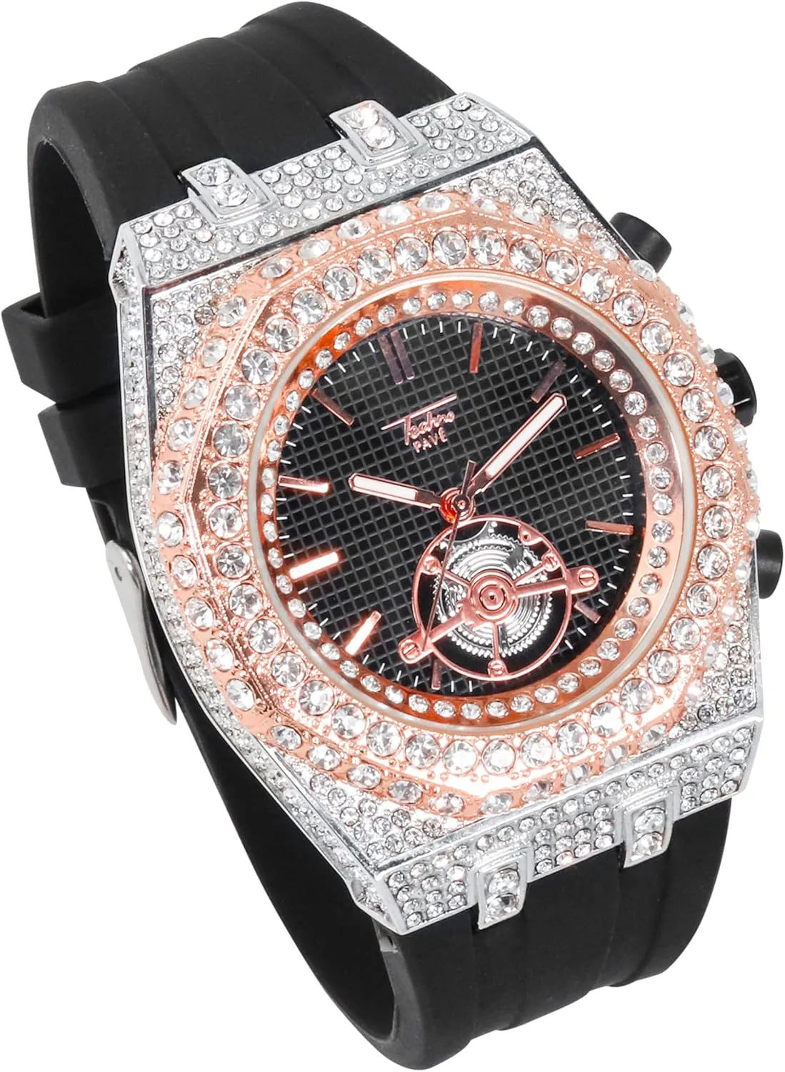 ICE STAR Men's 43mm Iced Out Octagonal Case Silicone Band Watch