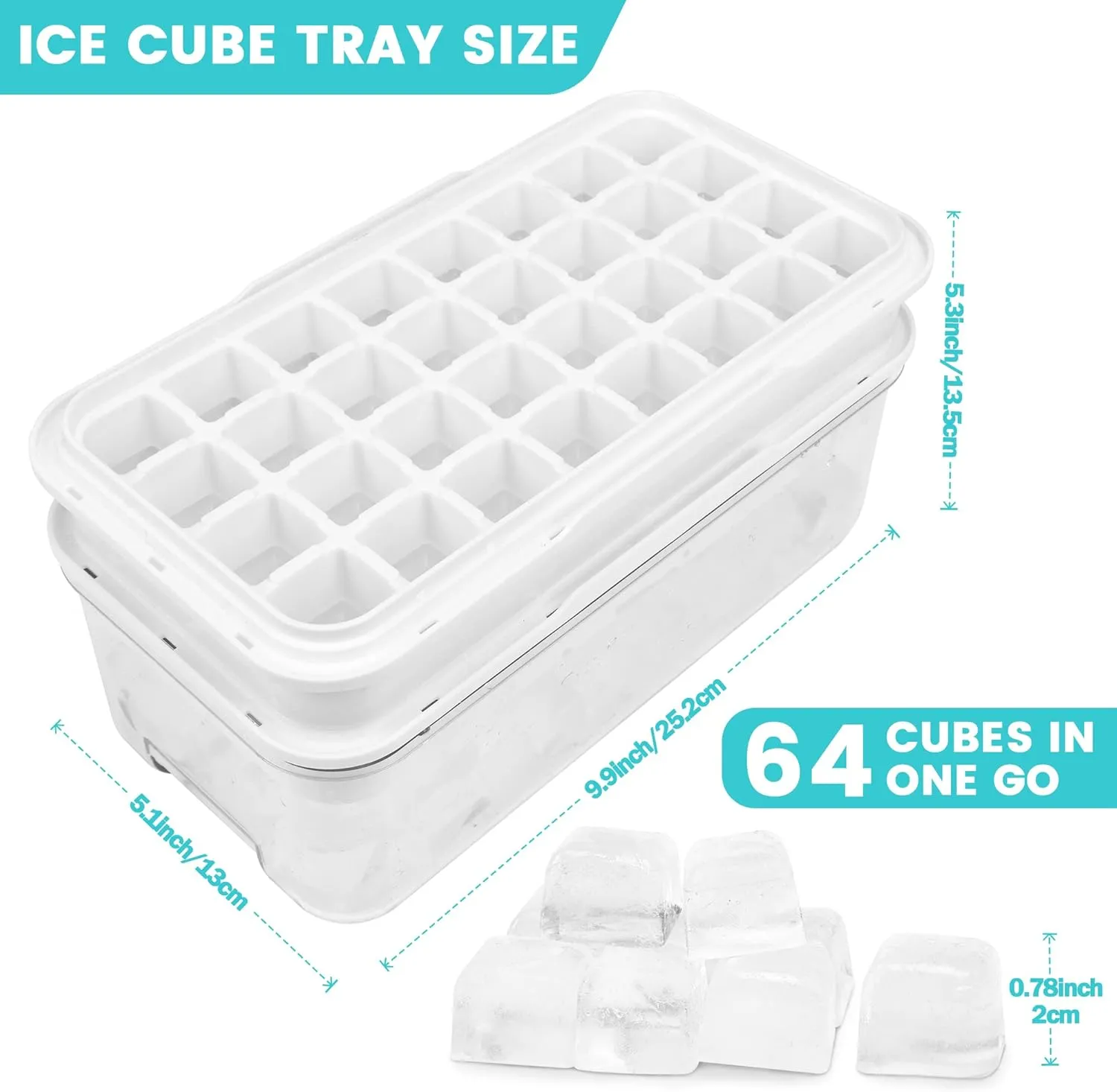 Ice Trays for Freezer with Lid & Bin, Ice Cube Tray Making 64 pcs Ice Cubes, Easy Press to Release Ice, Ice Tray with Storage Bin Chilling Cocktail Whiskey Coffee 2 Trays 1 Ice Bucket & Scoop (Black)
