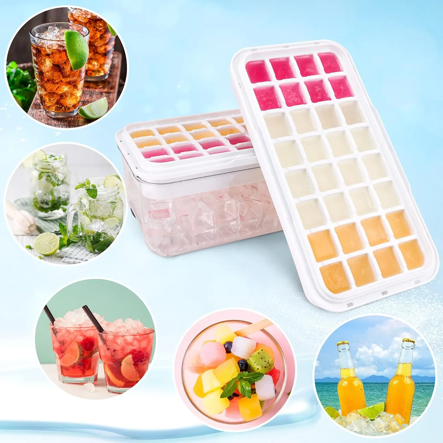 Ice Trays for Freezer with Lid & Bin, Ice Cube Tray Making 64 pcs Ice Cubes, Easy Press to Release Ice, Ice Tray with Storage Bin Chilling Cocktail Whiskey Coffee 2 Trays 1 Ice Bucket & Scoop (Black)