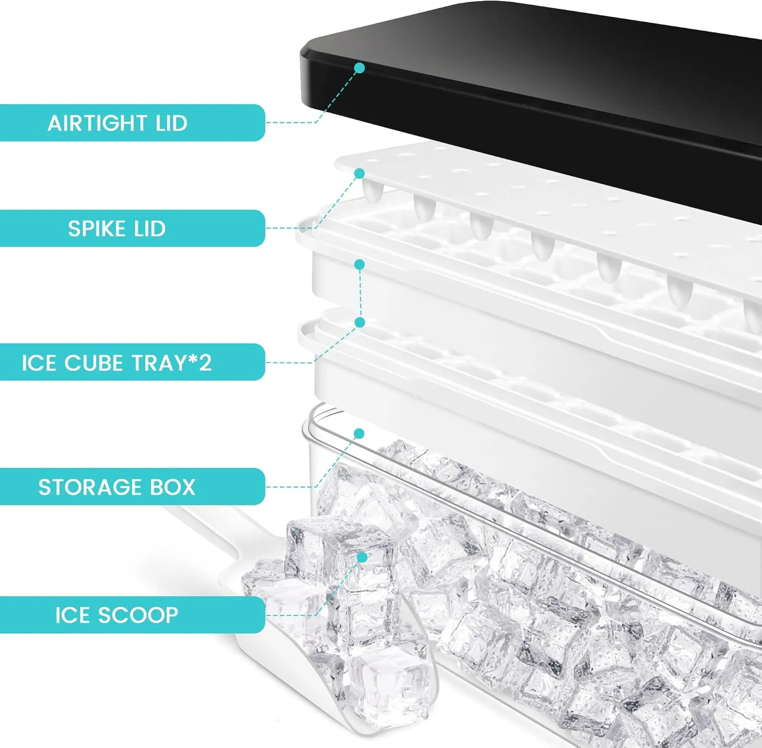 Ice Trays for Freezer with Lid & Bin, Ice Cube Tray Making 64 pcs Ice Cubes, Easy Press to Release Ice, Ice Tray with Storage Bin Chilling Cocktail Whiskey Coffee 2 Trays 1 Ice Bucket & Scoop (Black)