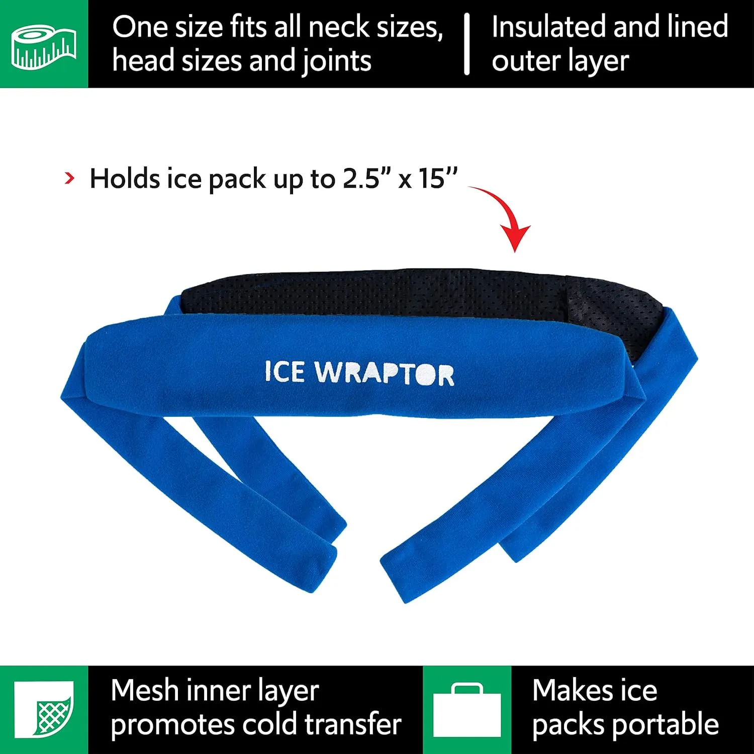Ice Wraptor Bandana   6 inserts:Just Add Water & freeze. Keep Neck, Head, oints Cool. Portable Ice Therapy for Pain Relief.Adjustable, Lightweight Comfortable- w/ 6 2.5"x15" Reusable Cryosheet Inserts