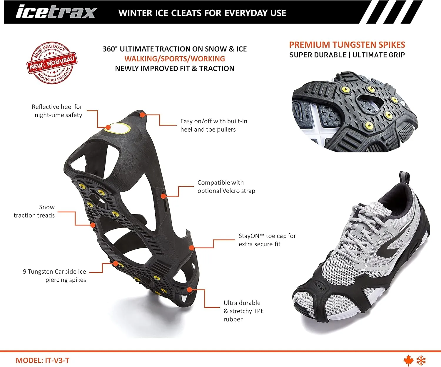 ICETRAX V3 Tungsten Crampons, Ice Cleats for Shoes and Boots - Ice Grips for Snow and Ice, Non-Slip Shoe Grippers with Reflective Heel