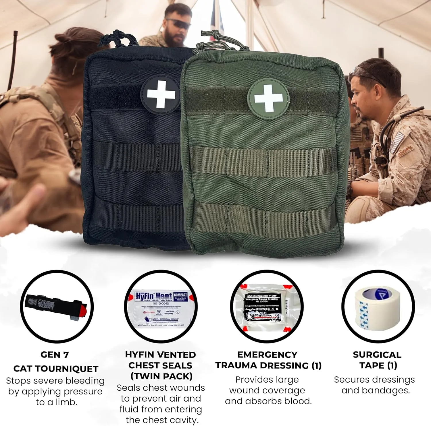 IFAK (Individual First Aid Kit) Trauma Kit with CAT Tourniquet — Medical Pouch for Tactical, Outdoor, Hiking, Military — Backpacking Emergency Medical Kit for Bleeding Control (Black)