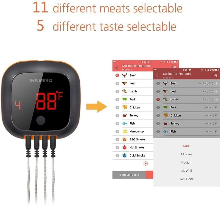 Inkbird Bluetooth Digital Wireless Meat Thermometer with 4 Probes Timer, Alarm,150 ft Barbecue Cooking Kitchen Food Meat Thermometer for Grill BBQ Smoker, Oven, Drum