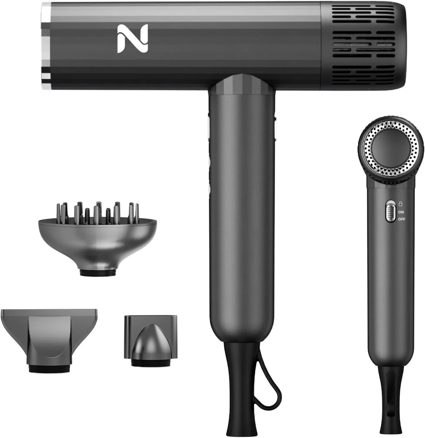 Ionic Salon Hair Dryer with 3 Attachments, 1600W Professional Blow Dryer with 110000RPM High Speed Brushless Motor for Fast Drying, Lightweight, Low Noise, Locking Function, 4 Temps & 3 Speeds