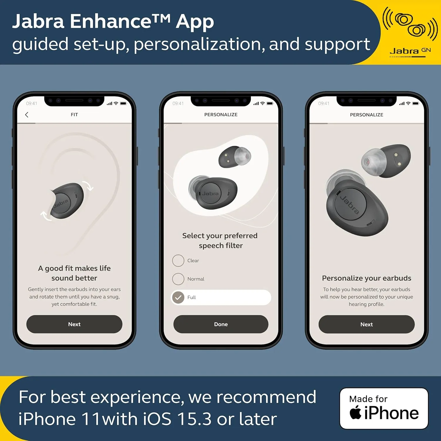 Jabra Enhance Plus Self-Fitting OTC Rechargeable Hearing Aids for Advanced Hearing Enhancement, Music and Calls – (Incompatible with Android) 4 Mics and Powerful Speakers, Made for iPhone – Gold Beige