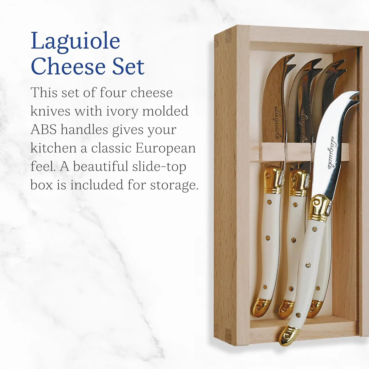 Jean Dubost Laguiole 4-Piece Cheese Knives Set in Slide-Top Box, Ivory Handles - Rust-Resistant Stainless Steel - Made in France