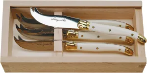 Jean Dubost Laguiole 4-Piece Cheese Knives Set in Slide-Top Box, Ivory Handles - Rust-Resistant Stainless Steel - Made in France