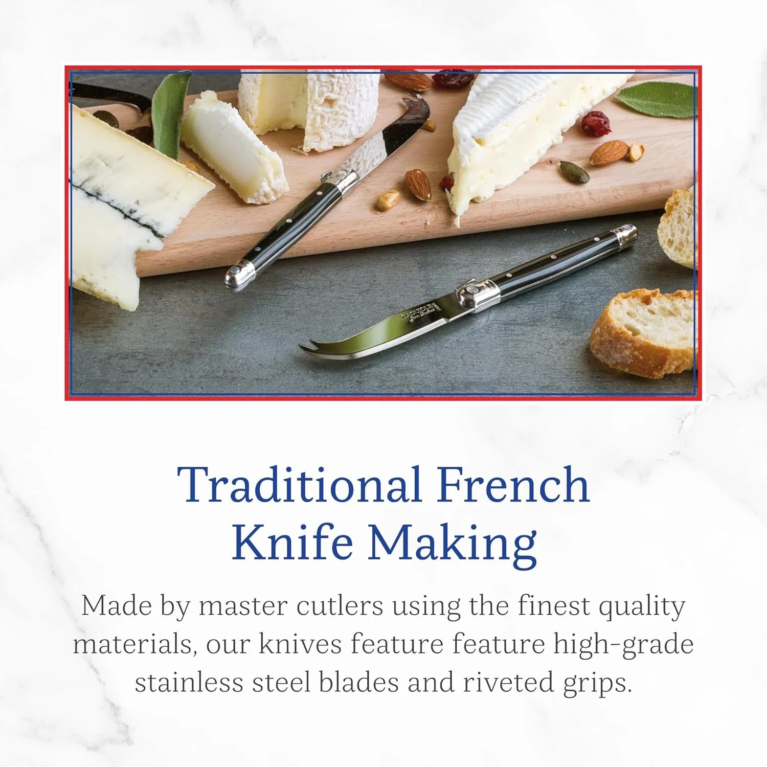 Jean Dubost Laguiole 4-Piece Cheese Knives Set in Slide-Top Box, Ivory Handles - Rust-Resistant Stainless Steel - Made in France