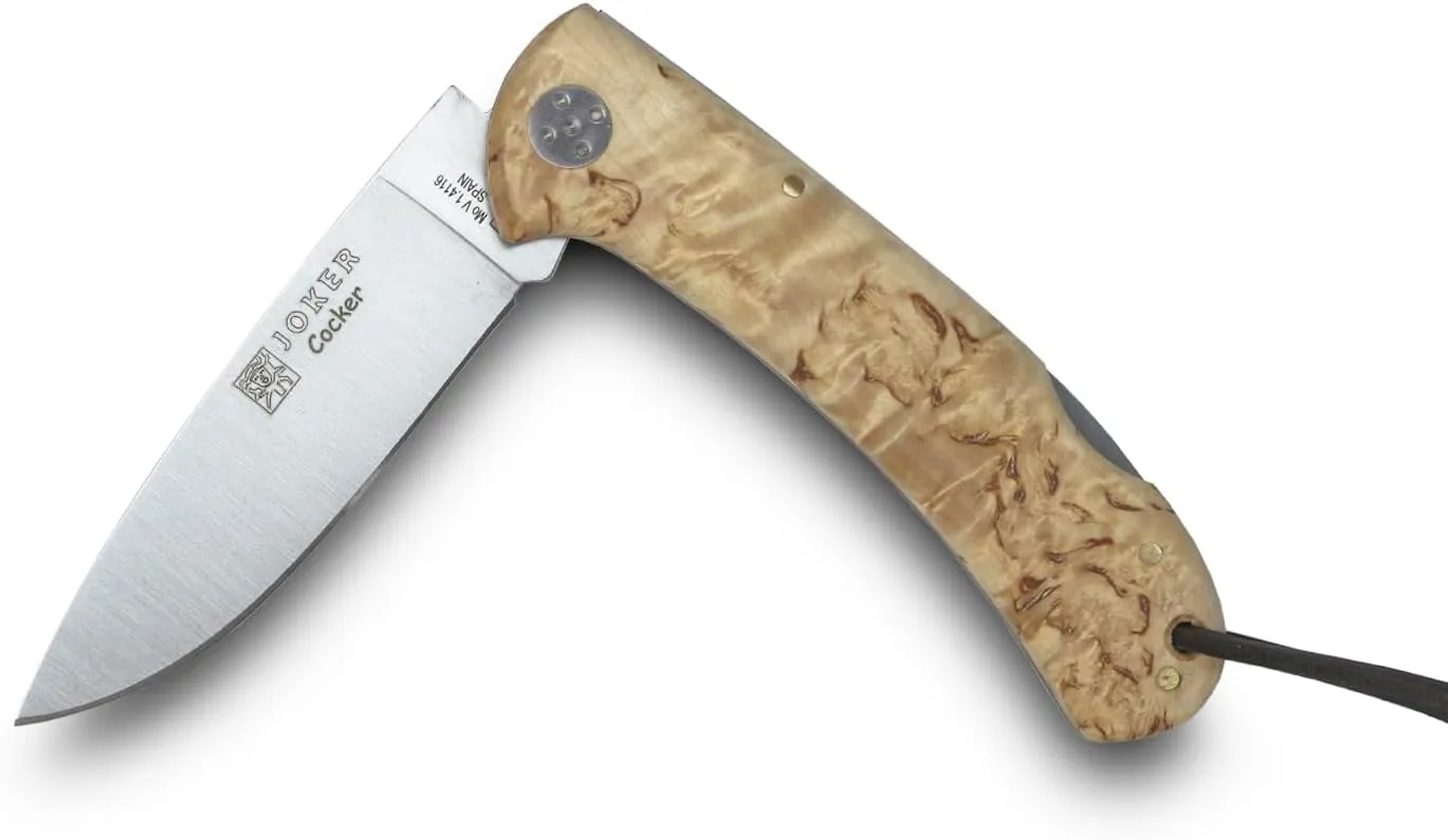 Joker COCKER Folding Hunting Knife, Olive/Birch/Bocote Wood Handle, 3.5in. MOVA Blade, with Leather Cord – Fishing, Hunting, Camping, and Hiking Tool (Birch Wood)