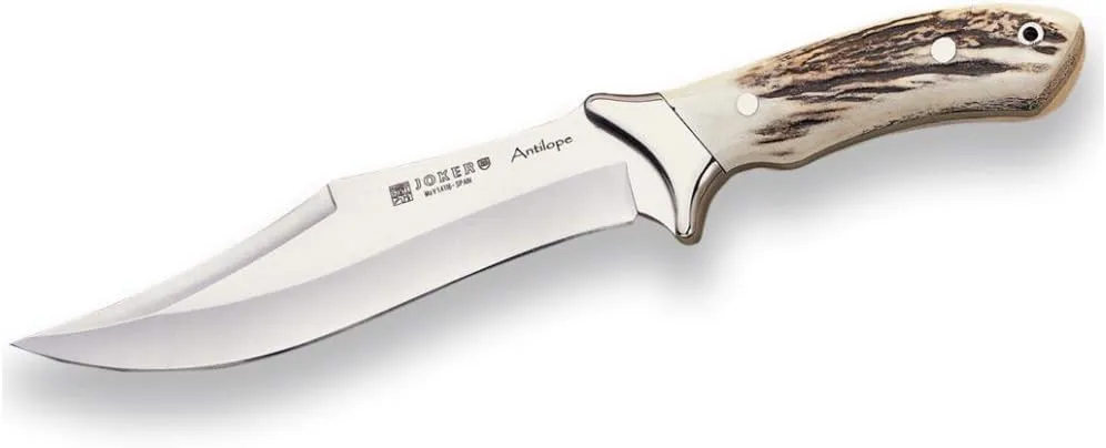 Joker Hunting Knife CC01 Antílope, Full Tang, with Deer's Horn Handle and 7.67 inches Curved Blade, Stainless Steel Ferrule, Fishing Tool, Hunting, Camping and Hiking.