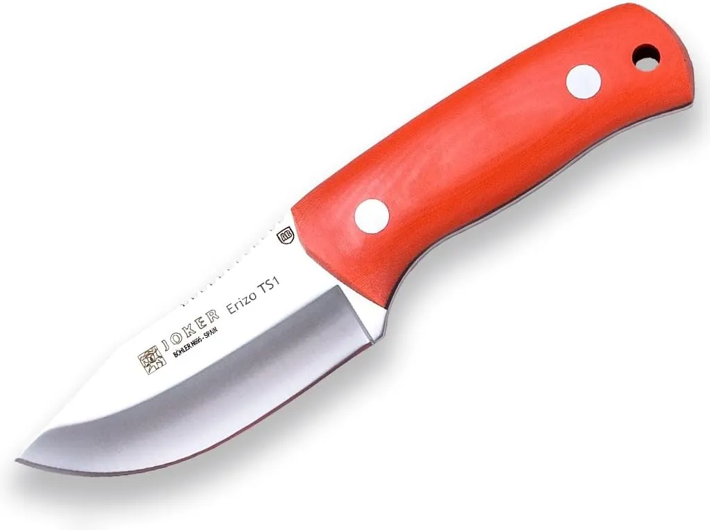 Joker "Erizo TS1 CN81-F Skinning Knife, 2.95-inch Blade, Orange Canvas Micarta Handle, Black Kydex Sheath with Firestarter, Fishing, Hunting, Camping, and Hiking Tool.