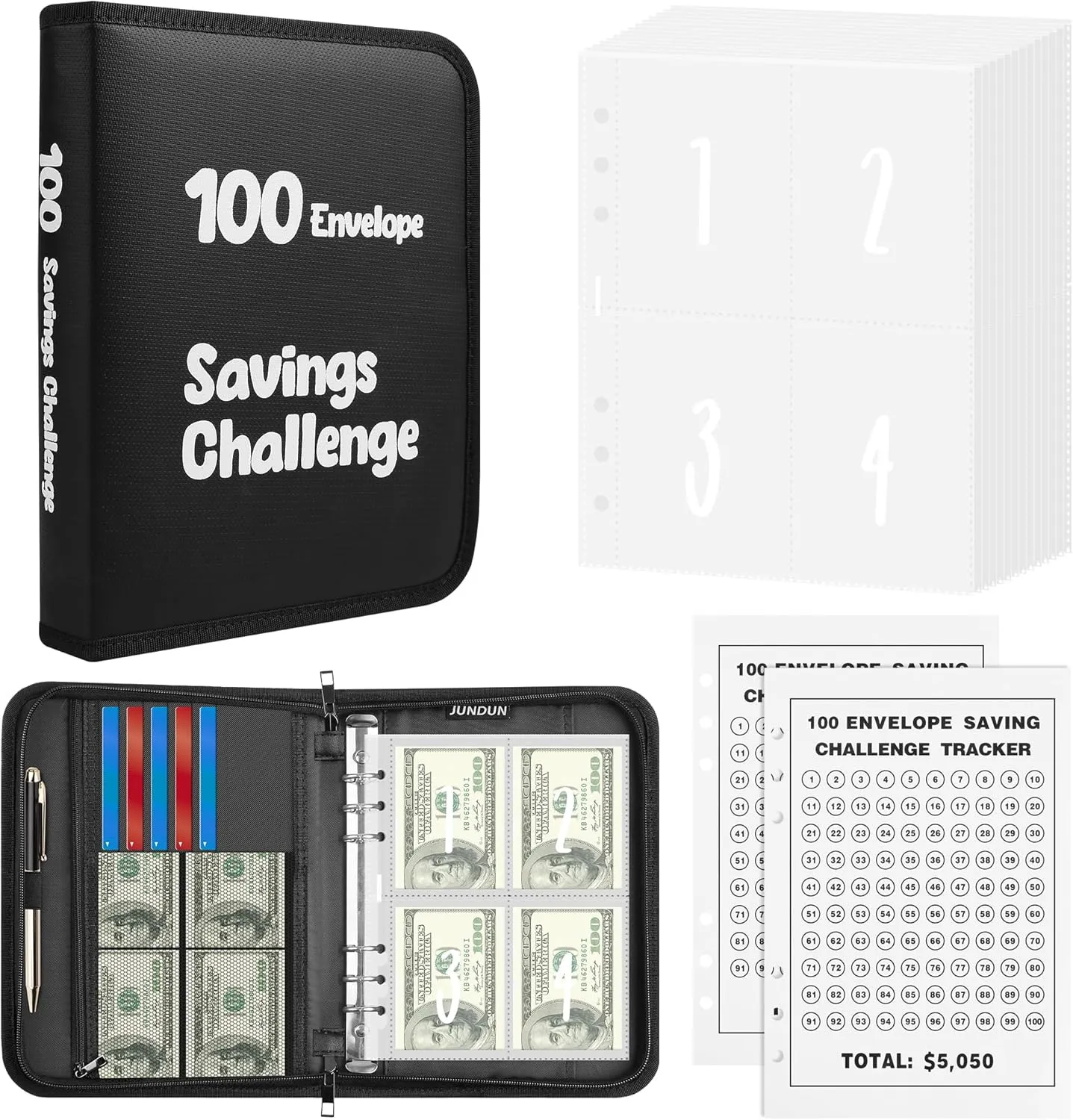 JUNDUN 100 Envelopes Money Saving Challenge，Fireproof Savings Challenges Book with Envelopes,Saving Challenge Binder with Zipper,Easy and Fun Way to Save $5,050