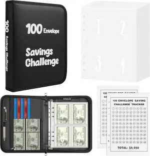 JUNDUN 100 Envelopes Money Saving Challenge，Fireproof Savings Challenges Book with Envelopes,Saving Challenge Binder with Zipper,Easy and Fun Way to Save $5,050