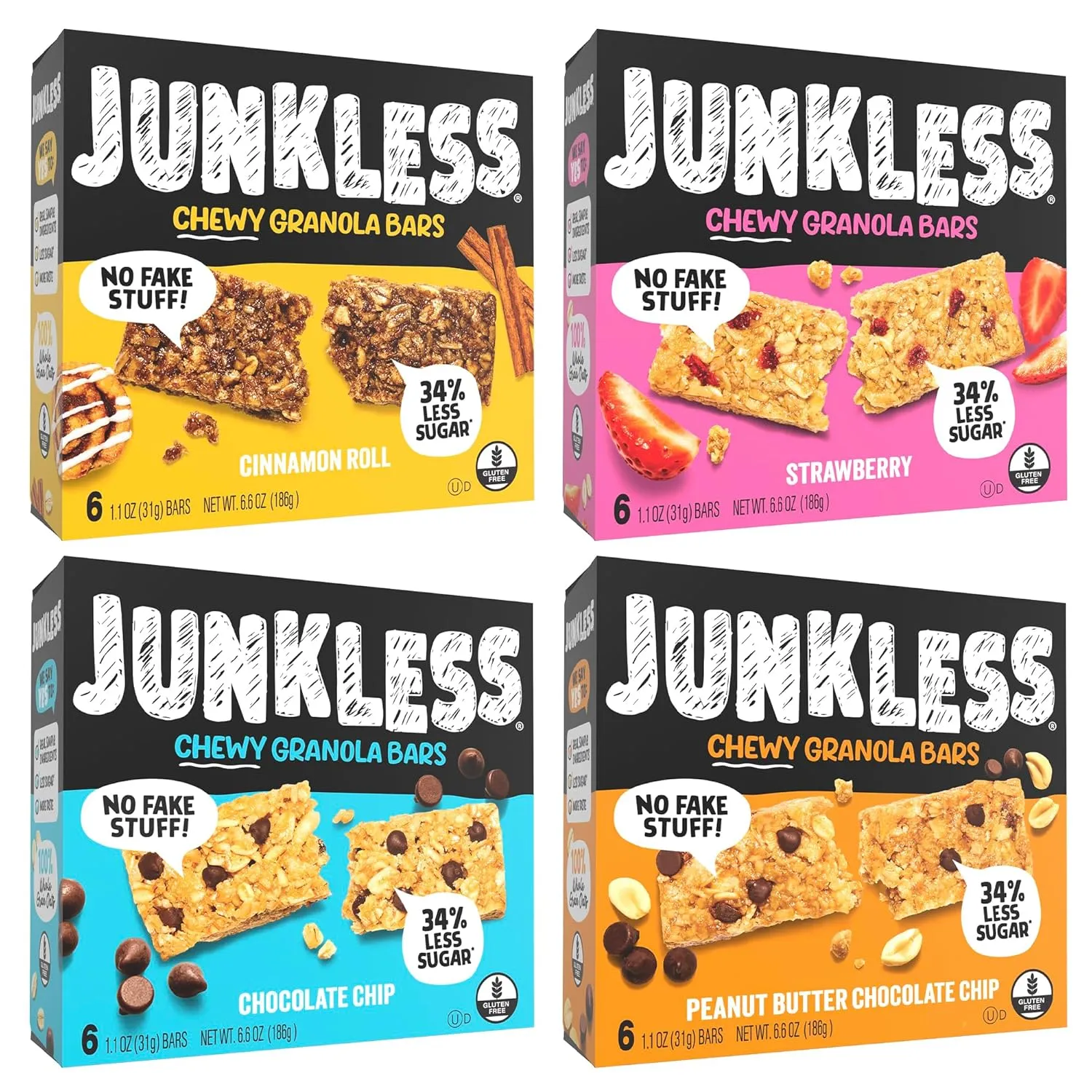 Junkless Chewy Granola Bar 4-Flavor Variety Pack - Less Sugar, Great Tasting, Wholesome Snacks - Bulk Granola Bars - 1.1 oz. Bars, 4 Boxes