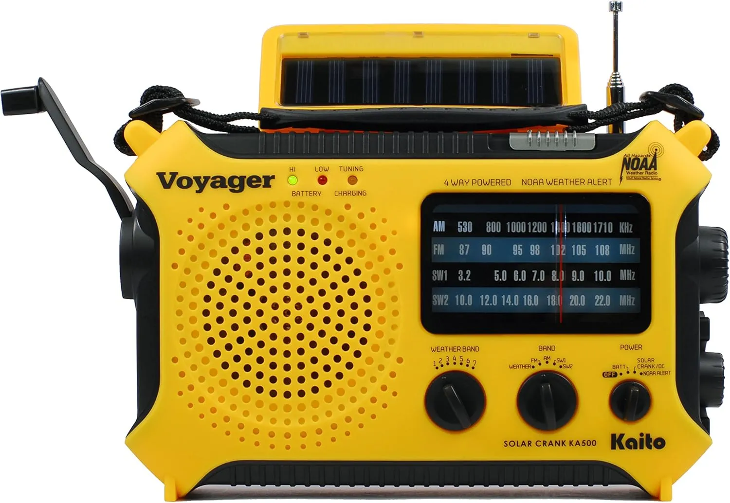 Kaito KA500 5-way Powered Solar Power,Dynamo Crank, Wind Up Emergency AM/FM/SW/NOAA Weather Alert Radio with Flashlight,Reading Lamp and Cellphone Charger, Yellow