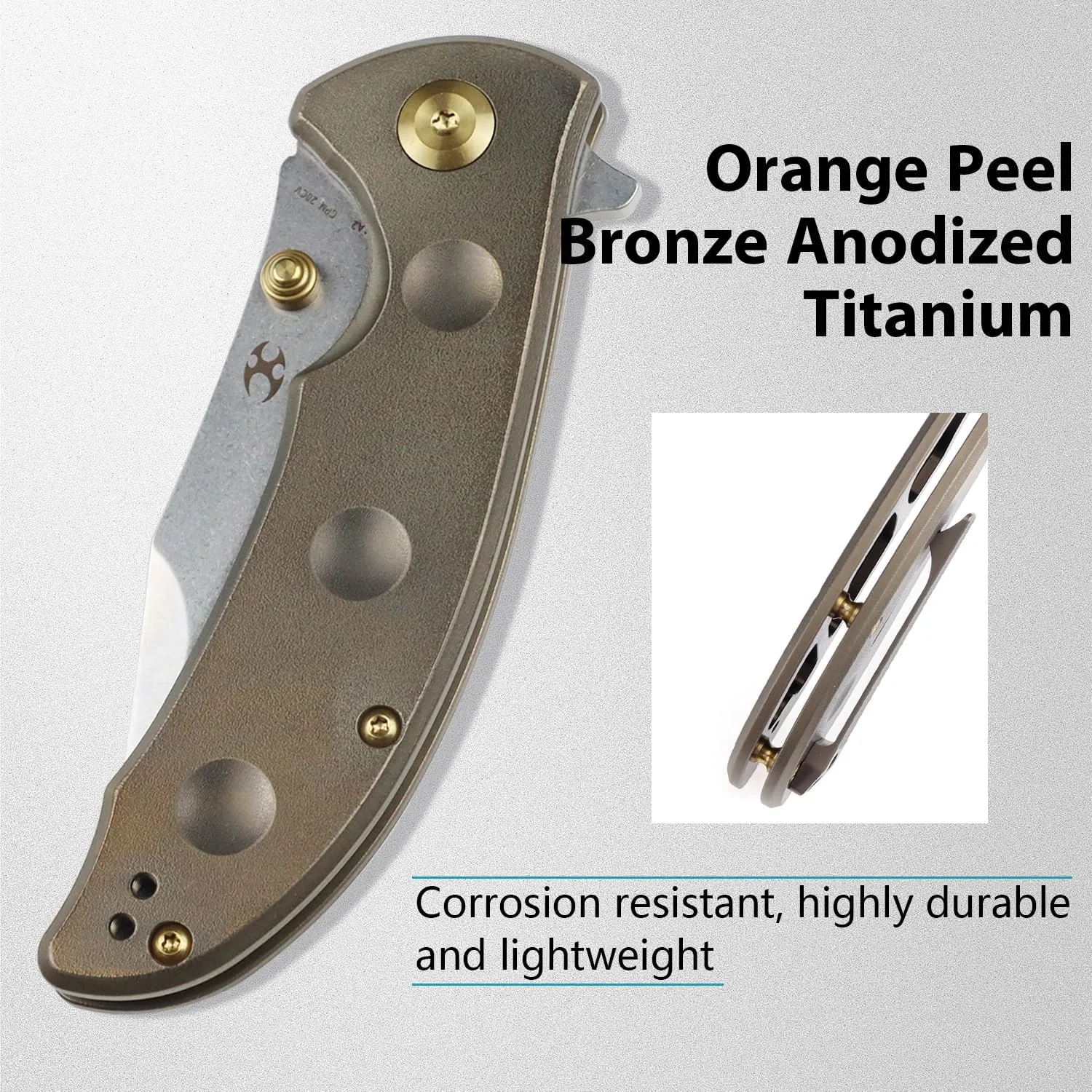 KANSEPT Rei Premium Pocket Folding Knives for Men EDC Pocket Knife 3.3'' CPM 20CV Blade Excellent Folding Knife with Orange Peel Bronze Anodized Titanium Handle EDC K1061A2