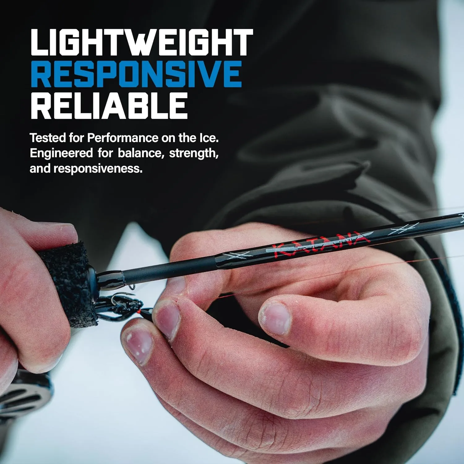 Katana Medium Heavy Ice Fishing Rod – Solid 30T Graphite Carbon Blank, Lightweight Tsuka Handle, Oversized Fly Guides, Power & Sensitivity for Big Winter Catches