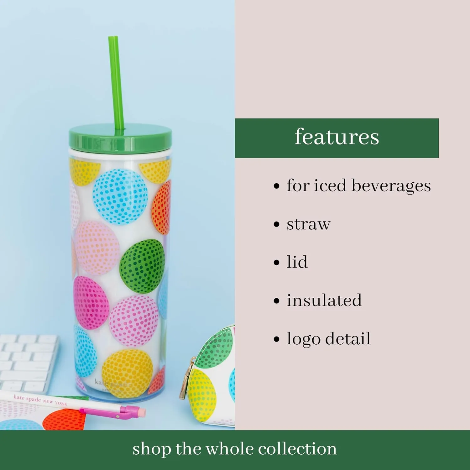 kate spade new york Acrylic Tumbler with Lid and Straw, 24 oz Tumbler, Slim Double Wall Tumbler, Mini Golf