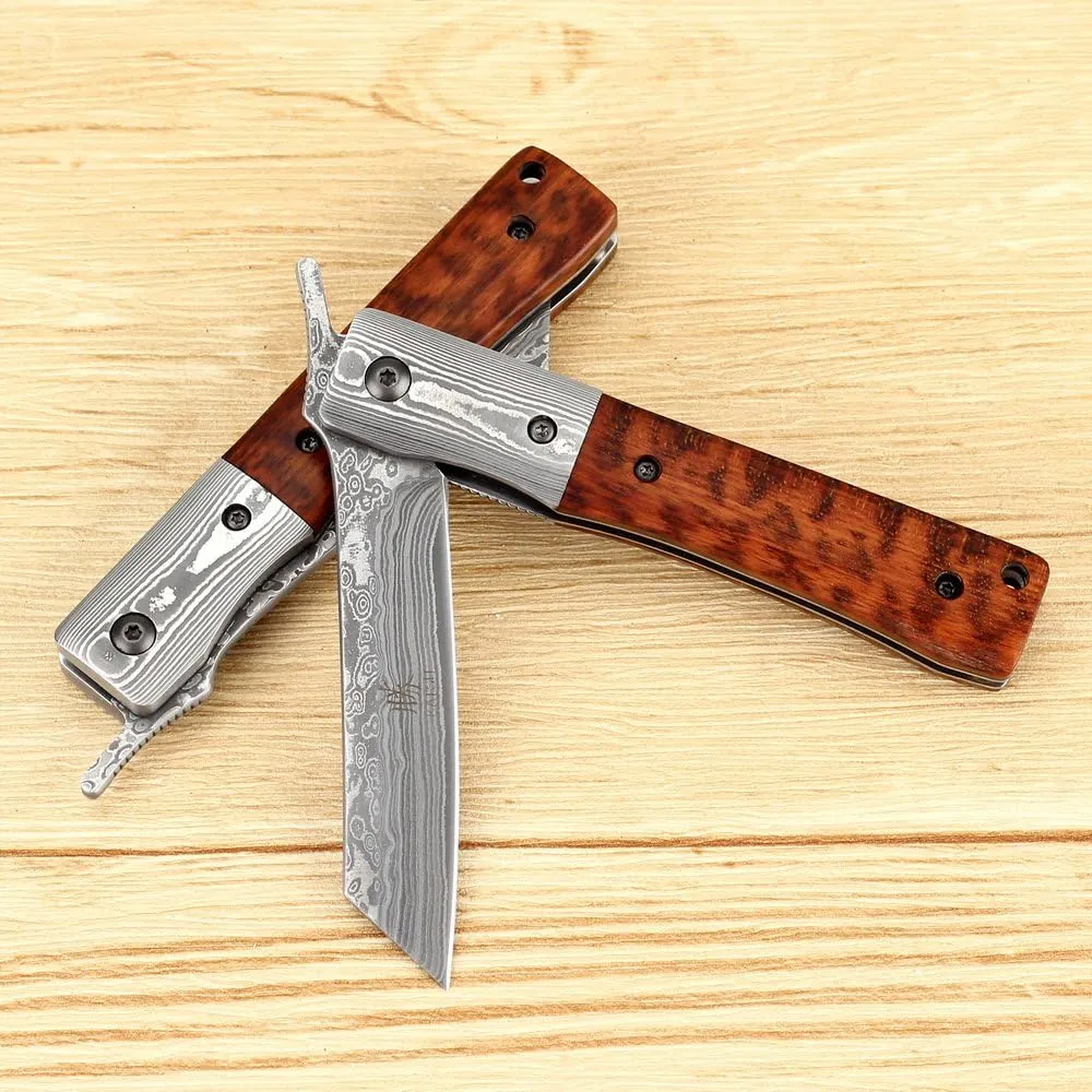 KATSU Handmade Damascus Steel Japanese Razor Pocket Folding Knife with Snake Wood Handle and Damascus Bolster