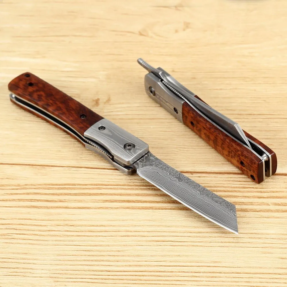 KATSU Handmade Damascus Steel Japanese Razor Pocket Folding Knife with Snake Wood Handle and Damascus Bolster