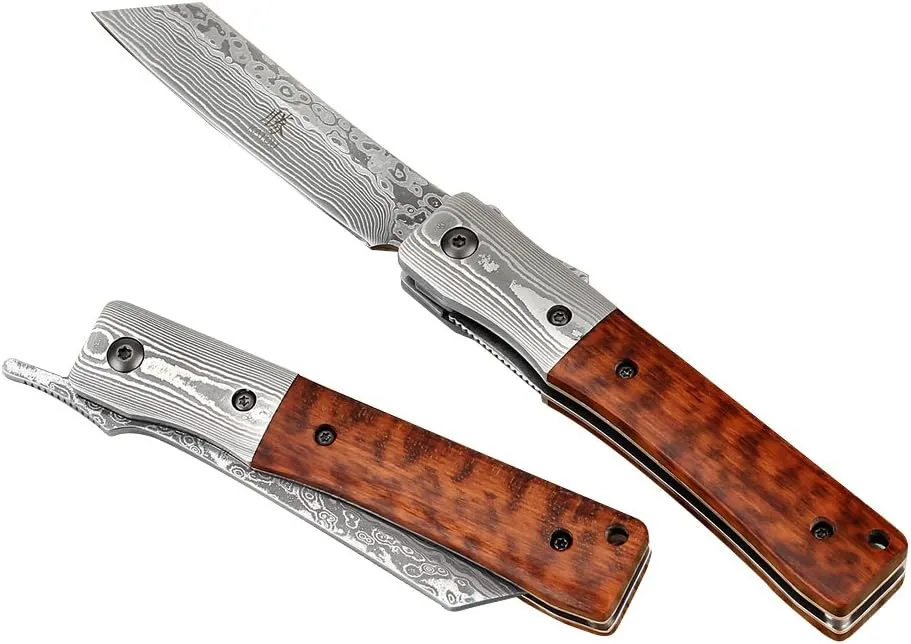 KATSU Handmade Damascus Steel Japanese Razor Pocket Folding Knife with Snake Wood Handle and Damascus Bolster