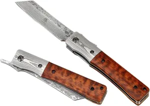 KATSU Handmade Damascus Steel Japanese Razor Pocket Folding Knife with Snake Wood Handle and Damascus Bolster