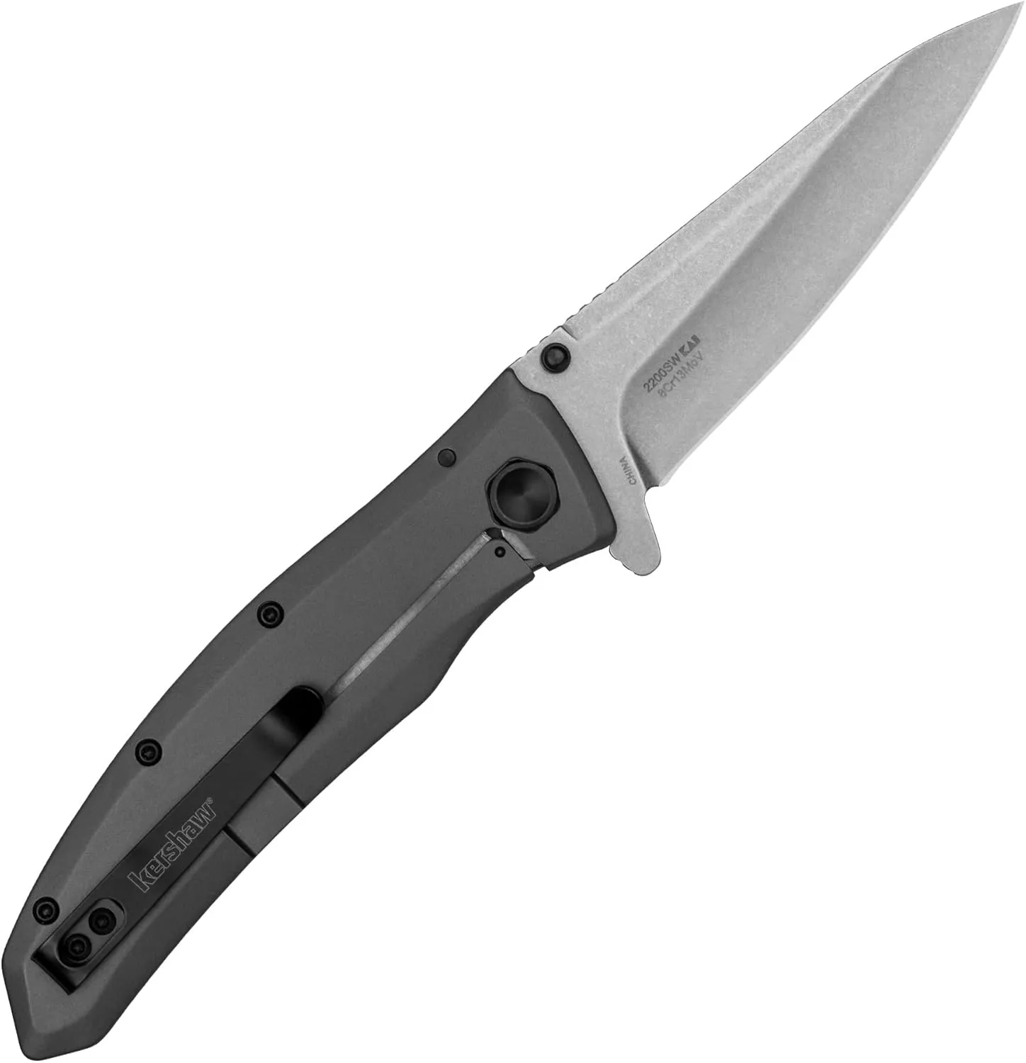Kershaw Grid Folding Pocket Knife, Large 3.7 inch Stainless Steel Stonewashed Blade, Steel Handle, Assisted Opening, Pocketclip