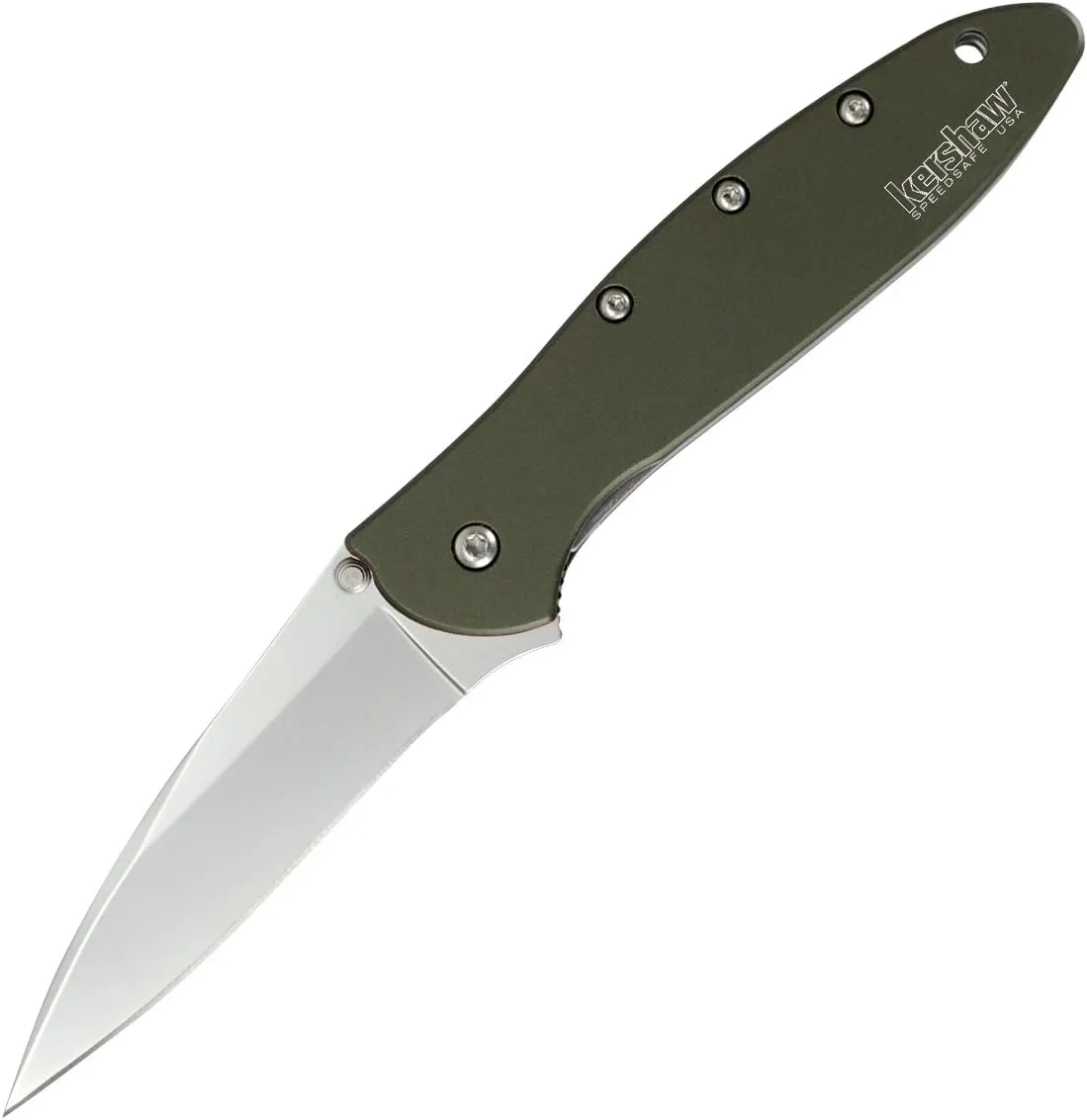 Kershaw Leek Olive EDC Pocketknife, 3" Sandvik 14C28N Steel Blade, Assisted Opening Folding Knife, Dual Lock System