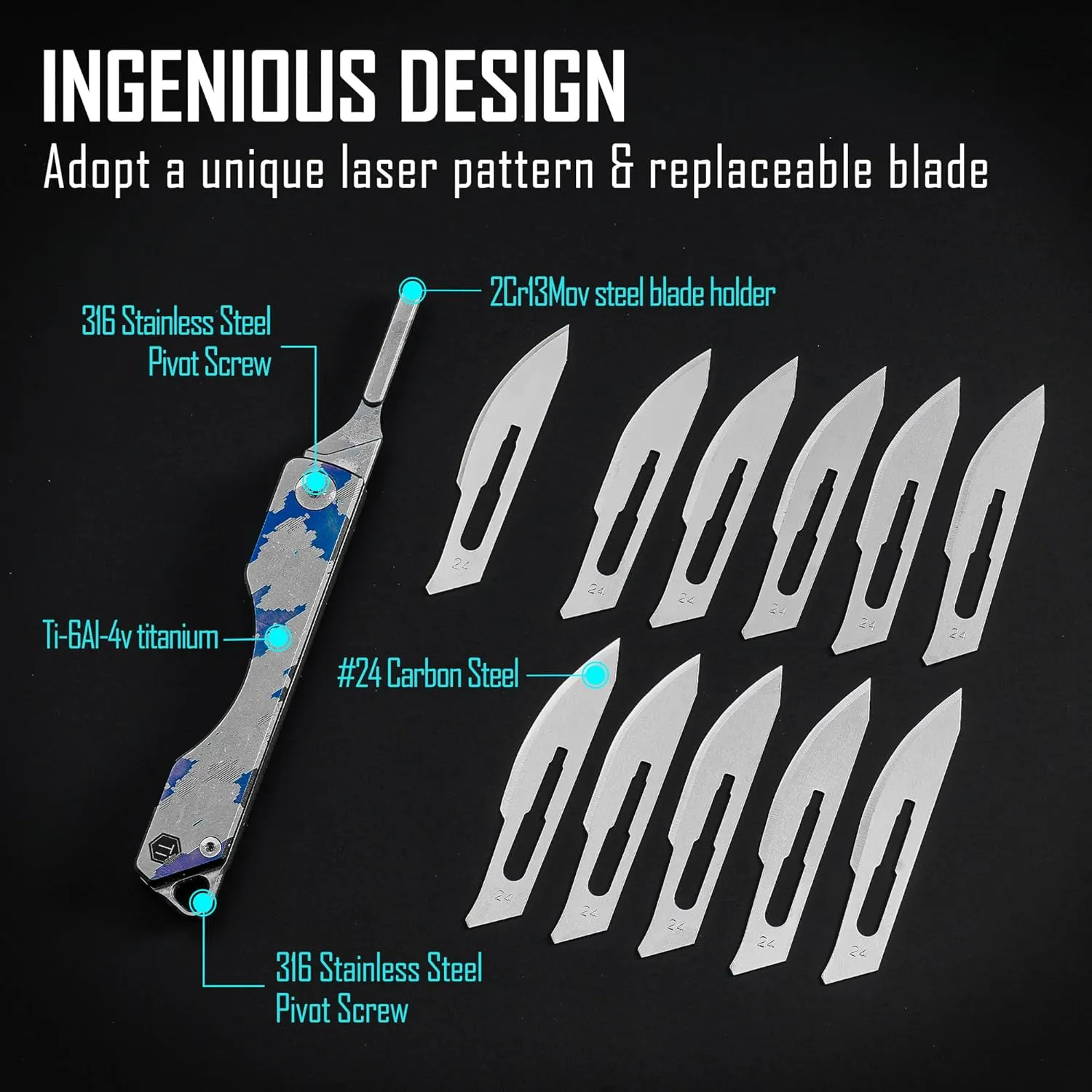 KeyUnity KK01LD Titanium Folding Knife, Utility EDC Pocket Knife with #24 Replaceable Blade, for Outdoor Hunting, Camping, Fishing, Hiking for Men & Women (Laser Digital)