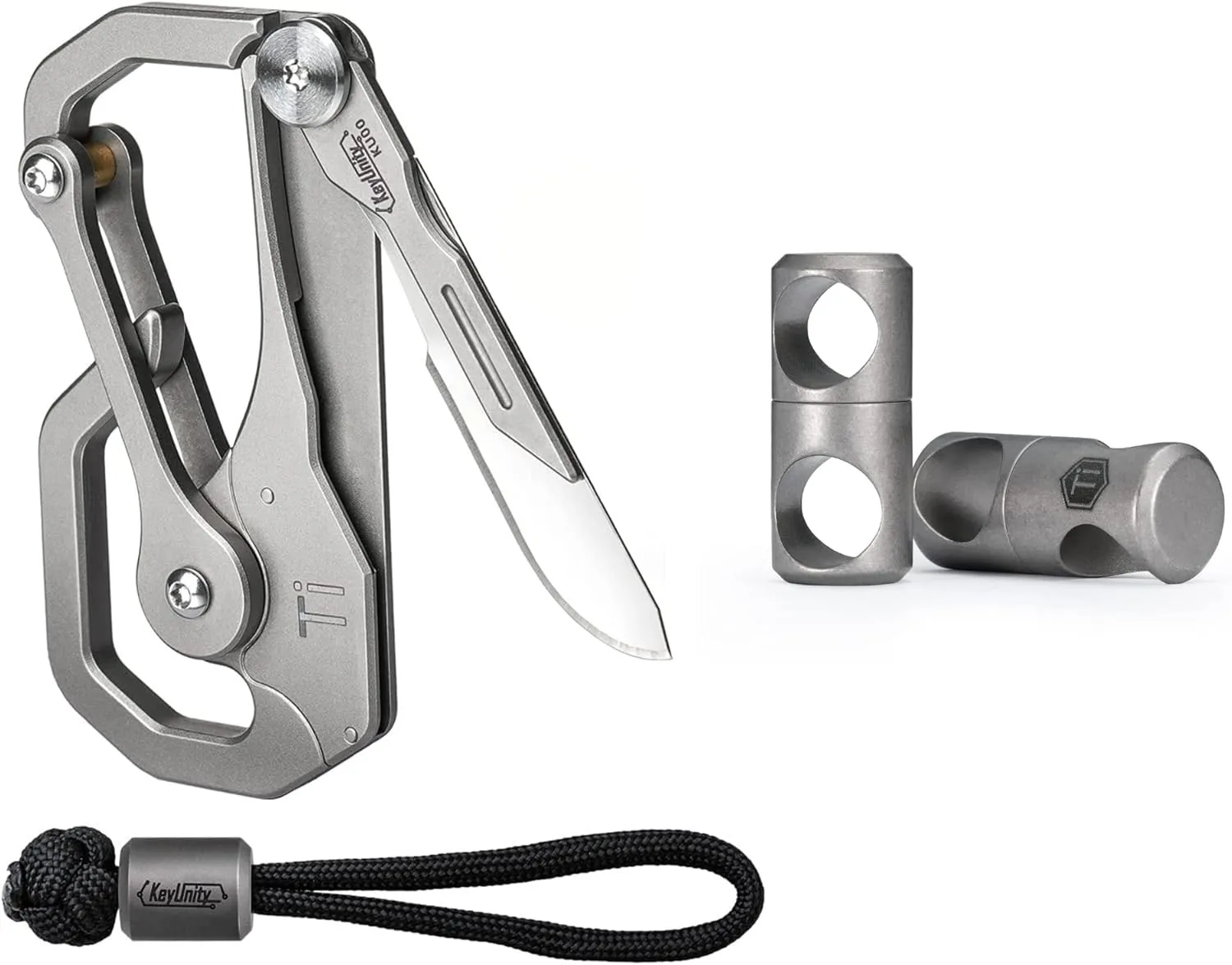 KeyUnity KU00 Quick Release Ti Carabiner & KA07 Swivel Key Clip Split Ring Connector Bundle