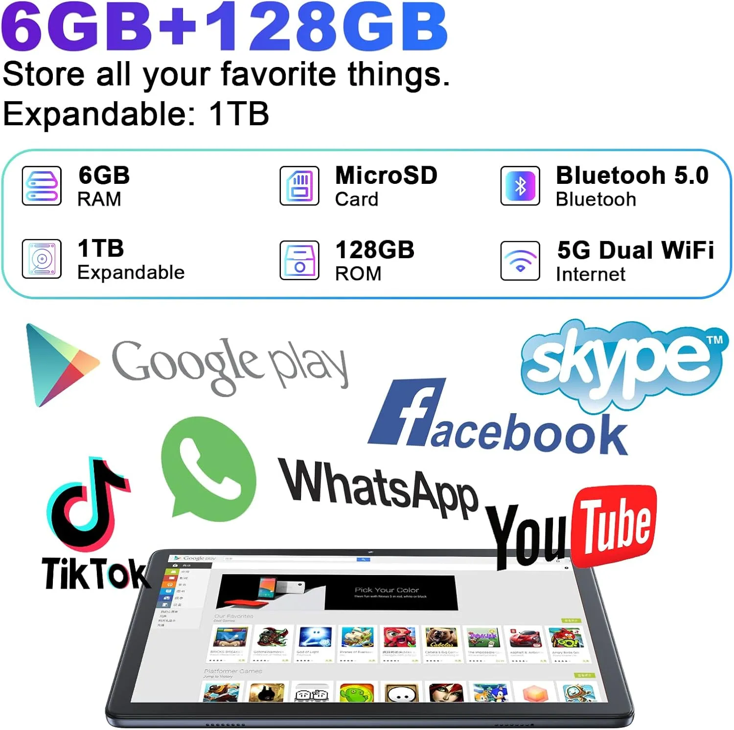 Kinstone Android 12 Tablet - 10 Inch, 6GB RAM   128GB ROM, 1TB Expanded, 5G Wi-Fi, 5MP Camera, 6000mAh Battery, Gaming Tablet, 1280 * 800 IPS Screen