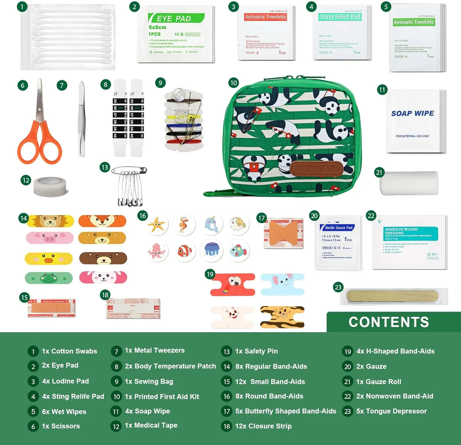 Kitgo 107-Piece Small First Aid Kit for Kids – Baby Travel First Aid Kit with Fun Bandages for Car, Home, Travel, Backpack, Green