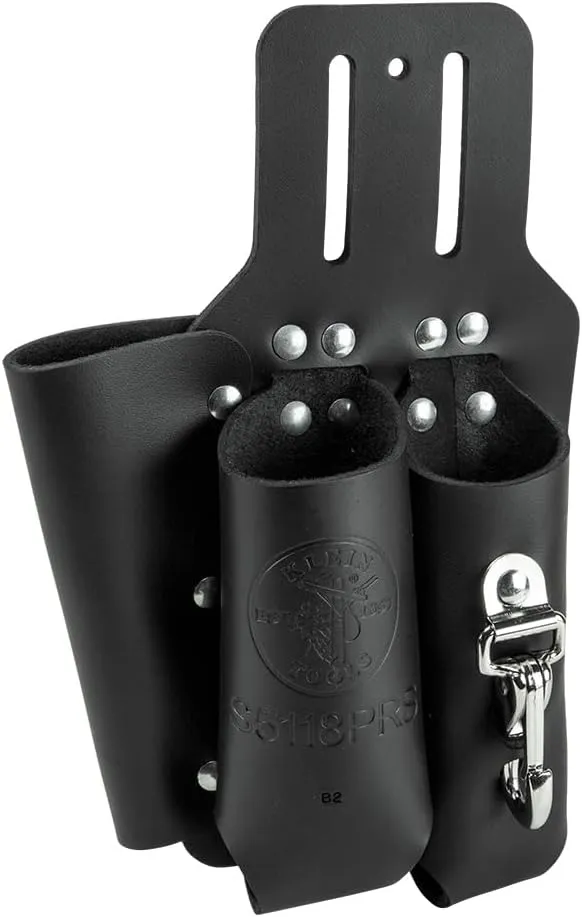Klein Tools S5118PRS Leather Tool Holder with 3 Pockets for Pliers, Folding Rule, Screwdriver and Knife Snap, Fits Belts up to 2-Inch Wide