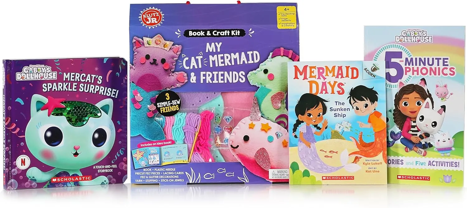 Klutz Jr. My Cat Mermaid & Friends Craft Kit, Sunken Ship: An Acorn Book, Gabby's Dollhouse 5-Minute Phonics Paperback, and MerCat's Sparkle Surprise!: A Touch-and-Feel Storybook for beggining readers