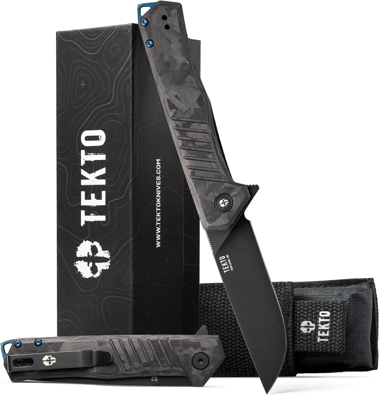 KNIVES F1 Alpha Folding Pocket Knife - Modified Straight Back Blade, Titanium Coated D2 Steel, Ideal for Outdoor Camping & Backpacking,Tactical Forged Carbon Fiber Handle, Blue Titanium Accents