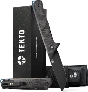 KNIVES F1 Alpha Folding Pocket Knife - Modified Straight Back Blade, Titanium Coated D2 Steel, Ideal for Outdoor Camping & Backpacking,Tactical Forged Carbon Fiber Handle, Blue Titanium Accents