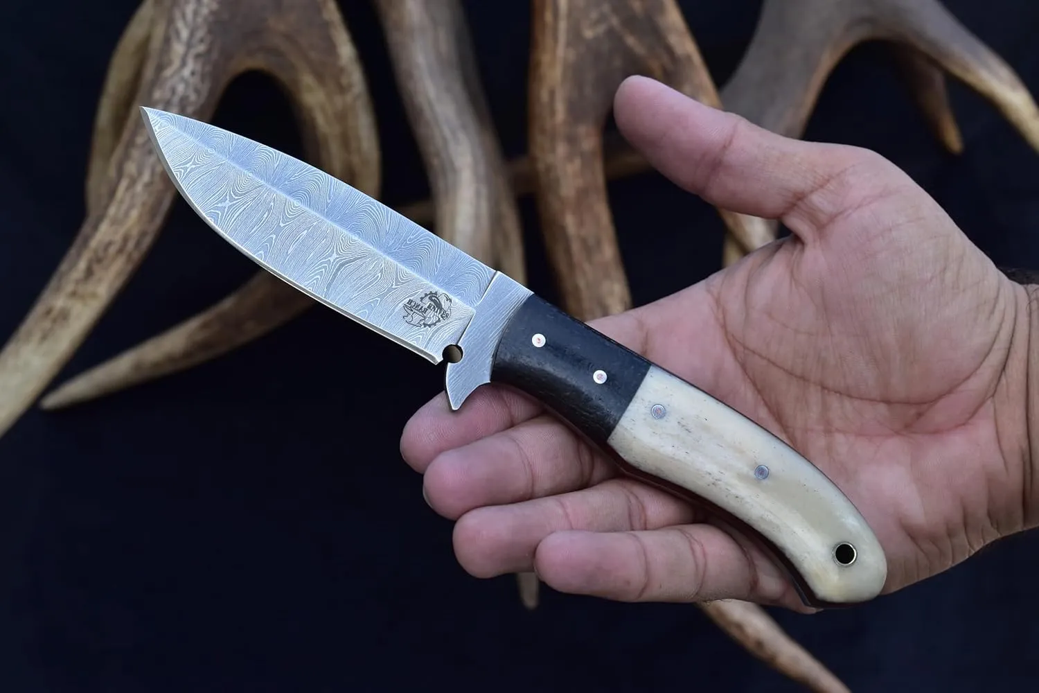 Knives Ranch Fixed Blade Hunting Knife – Damascus Steel, Bone & Micarta Handle – Handmade Bushcraft Tool with Dual Carry Sheath – EDC Companion – Full Tang – (3117)
