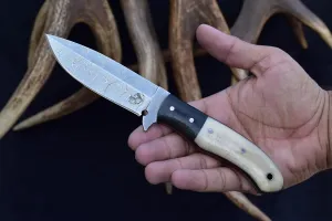 Knives Ranch Fixed Blade Hunting Knife – Damascus Steel, Bone & Micarta Handle – Handmade Bushcraft Tool with Dual Carry Sheath – EDC Companion – Full Tang – (3117)