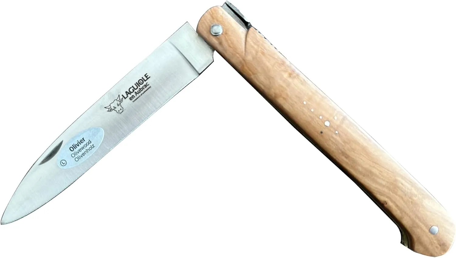 LAGUIOLE EN AUBRAC Handmade Droit Luxury Folding Pocket Steak Knife, 5.12-in (13cm), With Handcarved Stainless Steel Spring, Brass Plates, And Full Olivewood Handle